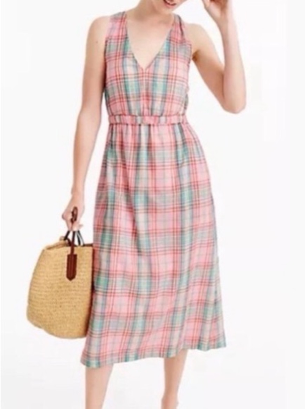 J. Crew Cotton Pink and Teal Plaid Midi Sundress, Medium